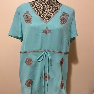 Lane Bryant Turquoise Embroidered V-Neck Tie-Waist Blouse